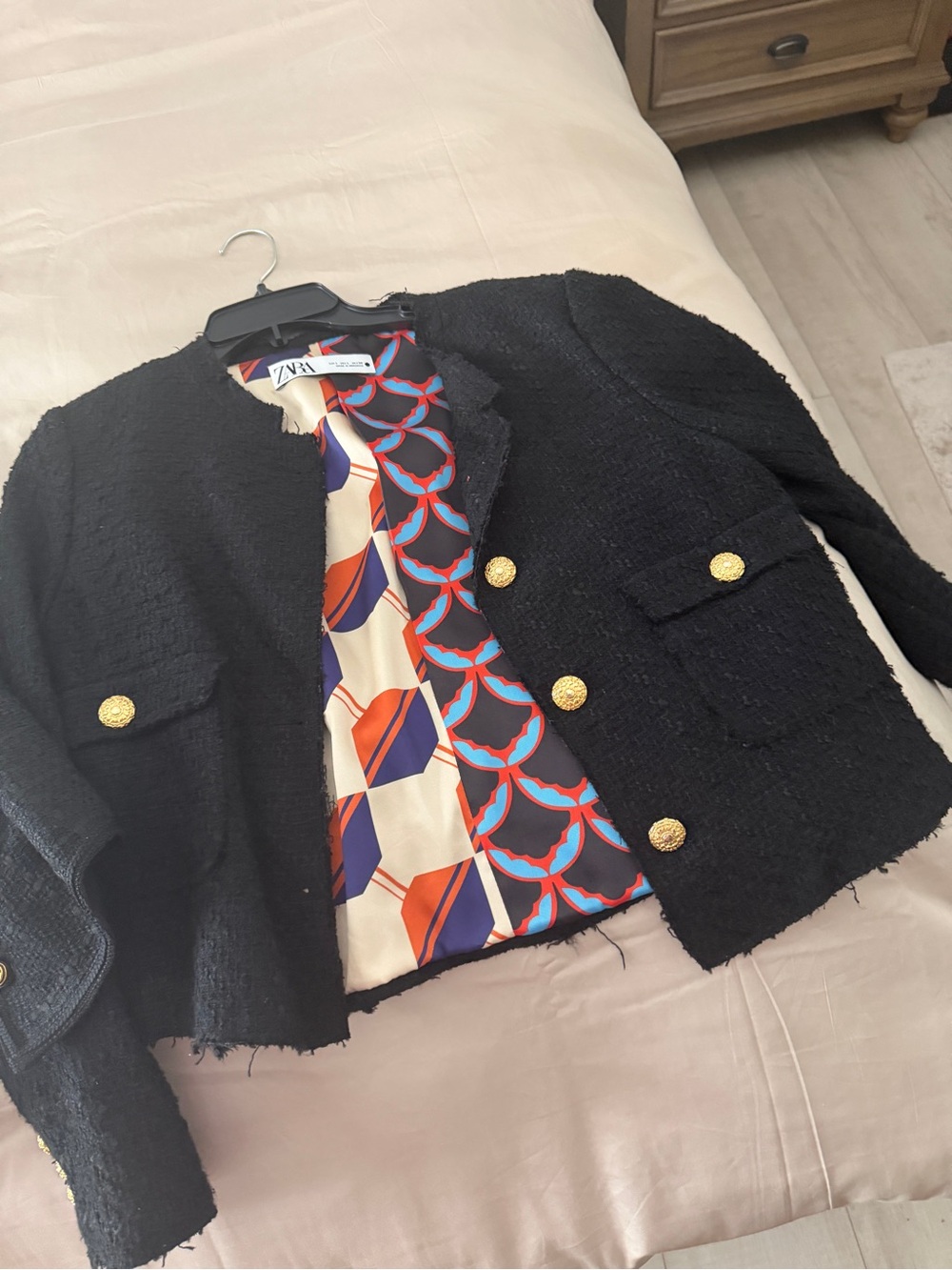 Zara Black Bouclé Jacket with Colorful Geo Lining